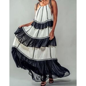 Black and White Ruffled Tiered Halter Maxi Dress